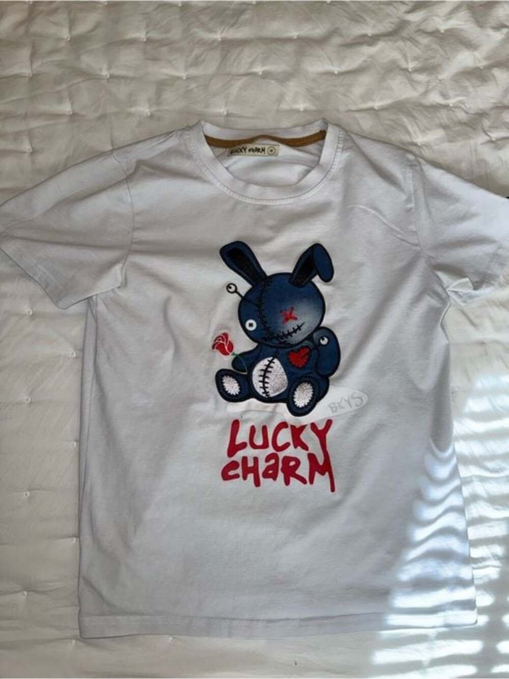 White Tee with Navy Bunny and Red Text